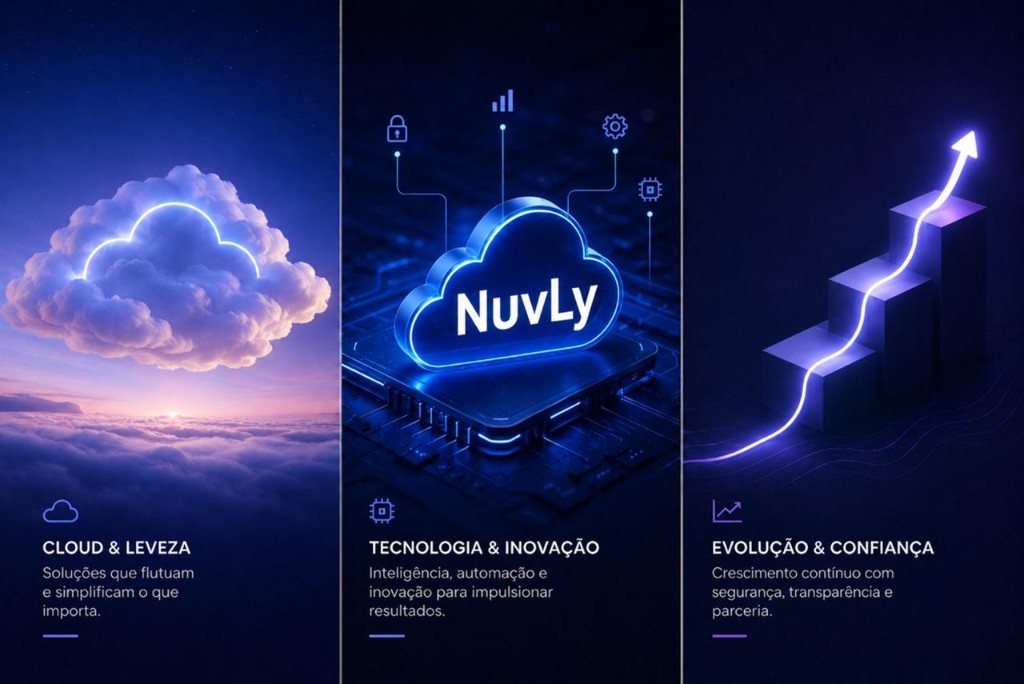 Pilares da NuvLy: Cloud e leveza, Tecnologia e inovação, Evolução e confiança