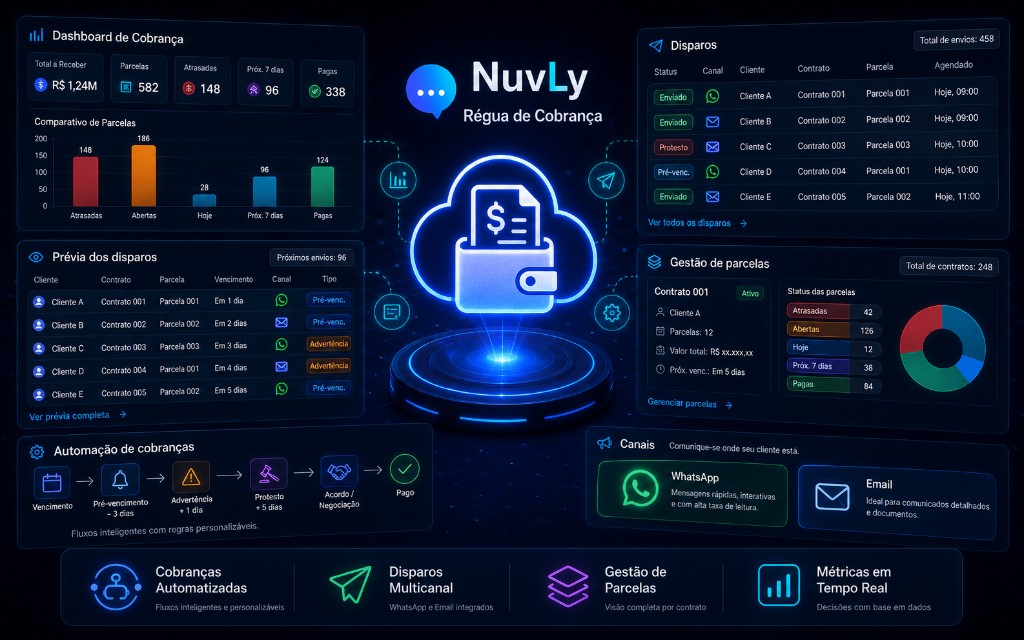 Dashboard de cobrança NuvLy — régua de cobrança, disparos e gestão de parcelas